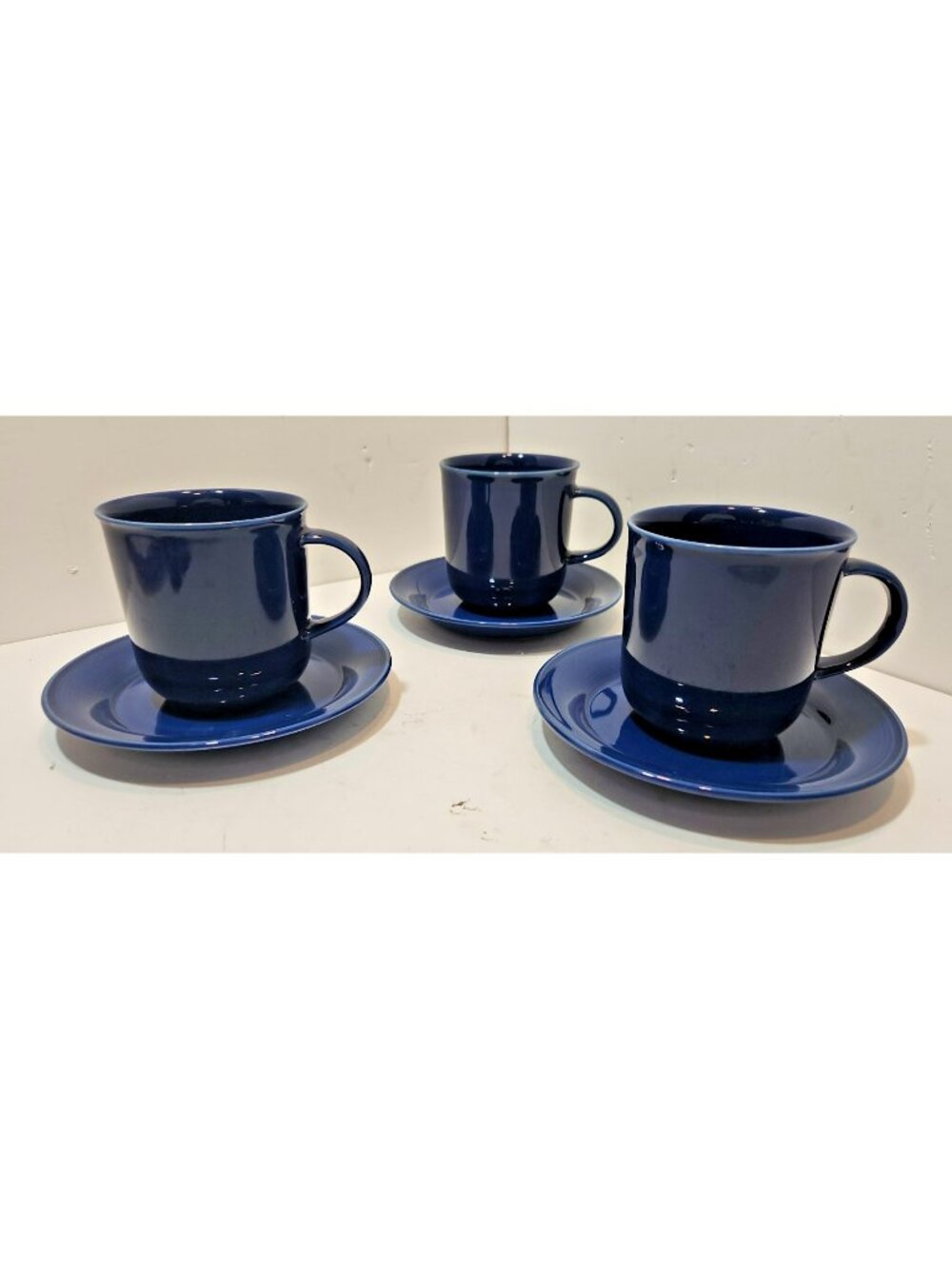 Vtg Set 3 Nancy Calhoun Stoneware Sapphire Blue Cups & Saucers